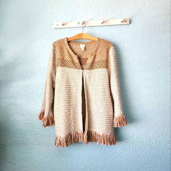 Chico's french hem and cuffs boho tunic style oatmeal open cardigan sweater - Picture 2 of 12